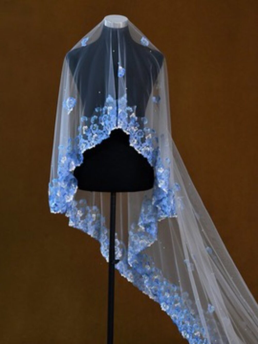 Blue Floral Lace Cathedral Wedding Veil - 118" Long Train